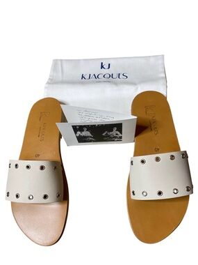 K.Jacques Cream Leather Slide Sandals with Silver Eyelets